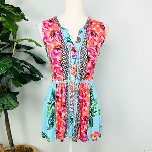 Cupio Sky Blue Paisley Print Crochet Peplum Baby Doll viscose blouse